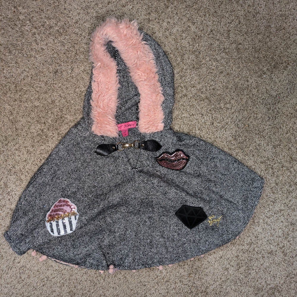 Betsey Johnson Girls Grey and Pink‎ Pom Pim and Sequin Poncho Size 3T